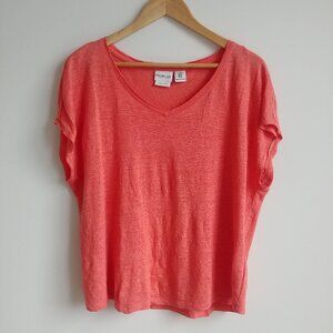 Rachel Zoe 100% linen knit V neck tee top shirt XL coral orange pink